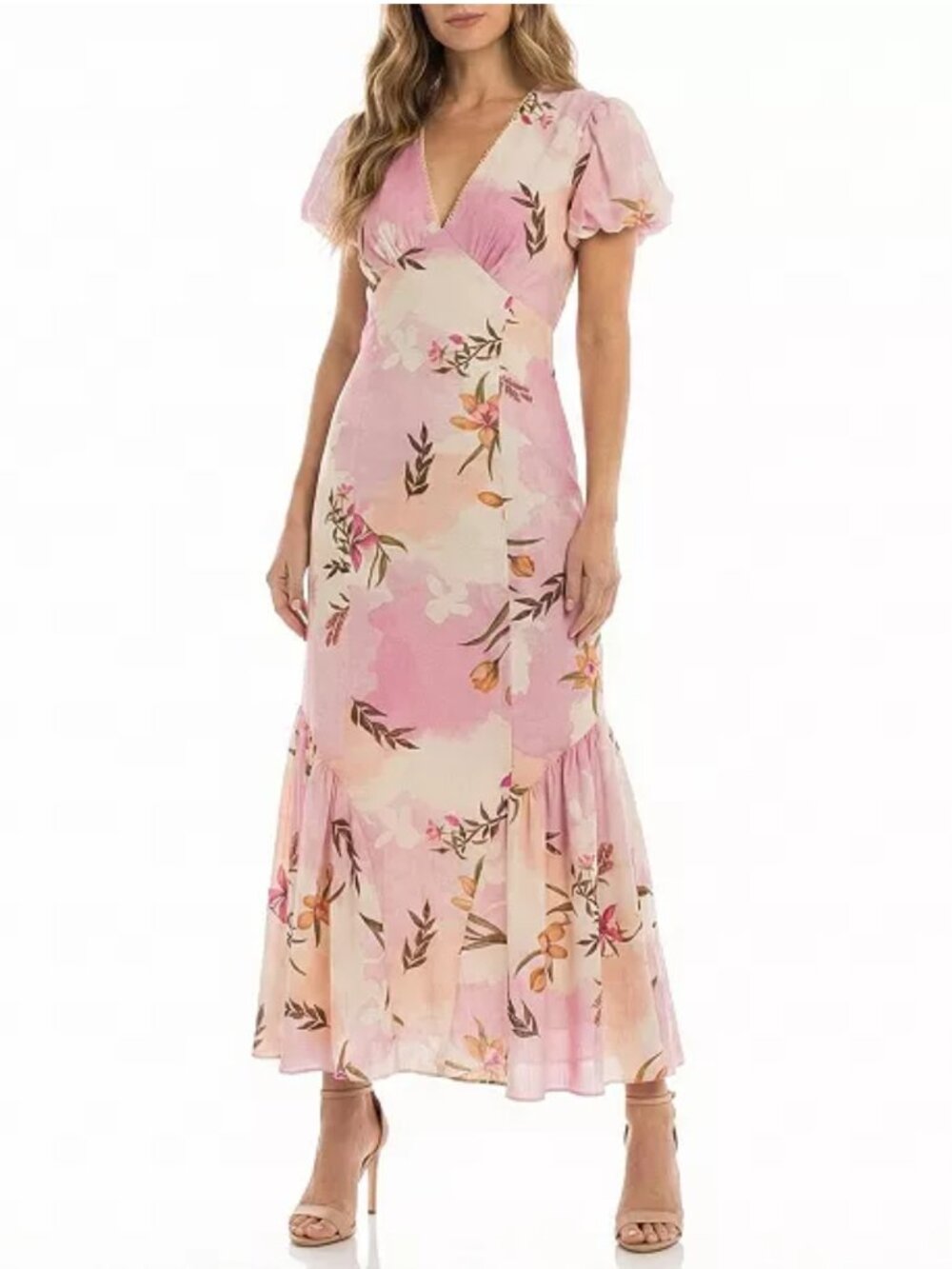 NWT Taylor Pink and Ivory V-Neck Floral Print Fit & Flare Dress in Women's 16